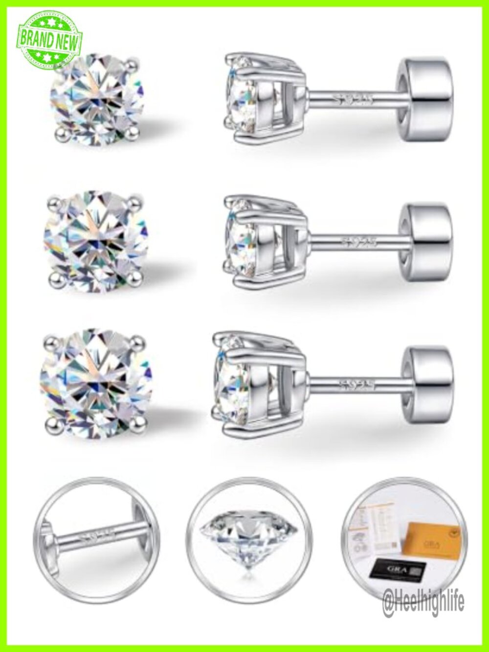 3 Pairs Moissanite Stud Earrings 925 Sterling Silver 18K White Gold Plated